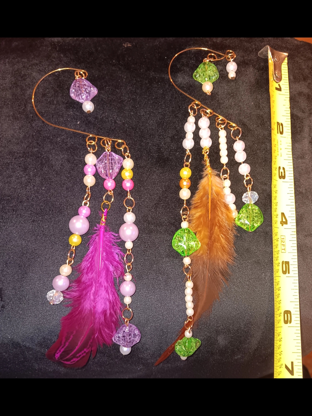 Feather & Bead Cuff Earrings - Purple and Brown